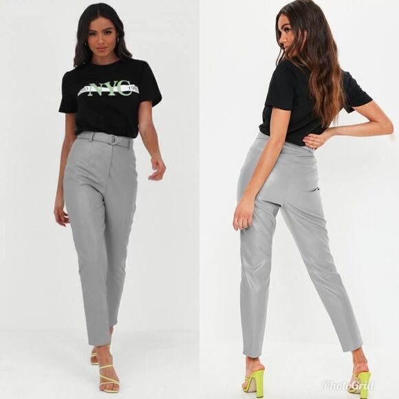 Missguided Grey Faux Leather Belted Cigarette Trousers - Picture 2 of 10